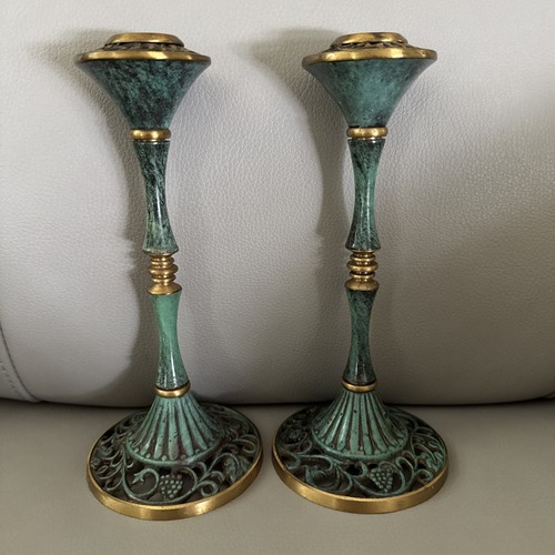 Vintage Brass Gold Toned Shabbat Floral Candlesticks OPPENHEIM Made In Israel