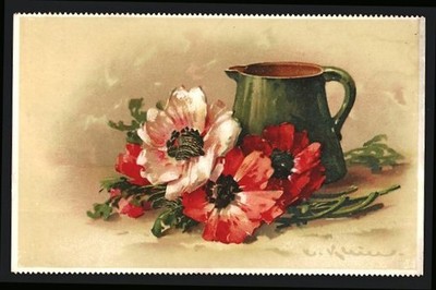 Artist postcard Catharina Klein: lying poppies and a green jug 