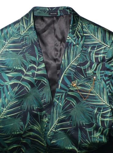 NWT J. Ferrar Blazer Black Green Teal Tropical Palm 42L 42 long Jacket Slim Fit - Picture 7 of 17