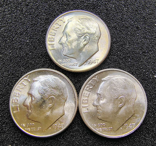 1947-P-D-S Roosevelt Dimes (3 Coins) - 90% Silver - BU Condition - Light Toning