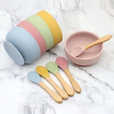 Silicone bowl with suction cup, wooden handle spoon, two-piece set for baby food