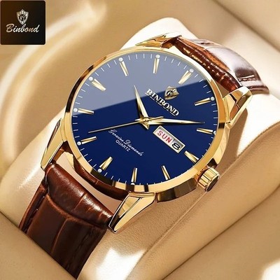 BINBOND Herren Uhr 40mm Quarz Leder Datum 3BAR Wasserdicht Business Leuchtend