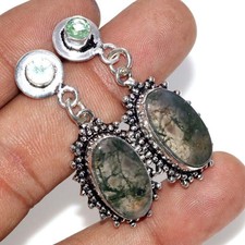 925 Silver Plated Stud Long Moss Agate Drop Tsavorite Earrings 1.8