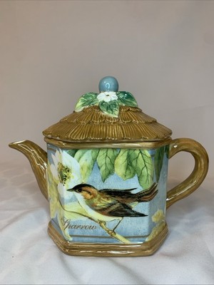 Certified International Botanical Birds Teapot w/Lid Birds Purple Finch-Sparrow