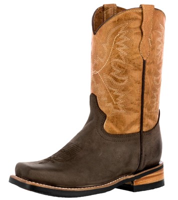 Kids Western Cowboy Boots Square Toe Brown Leather Botas Rancho Youth Size 13