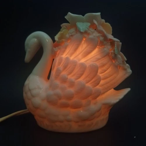 Milk Glass White Swan And Flowers Lamp Nightlight, Vintage & MCM