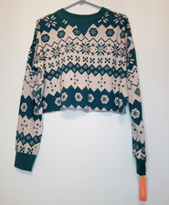 Colsie Womens XL Crop Sweatshirt Gray Teal Pullover Long Sleeve Fair Isle NWT