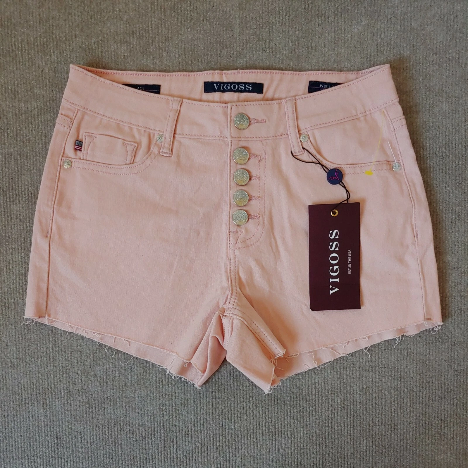 Vigoss Ace High Rise Shorts Womens Size 24 Pink Raw Hem Button Fly Stretch NEW