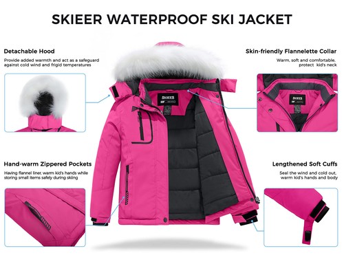 Skieer Girl's Waterproof Ski Jacket Windproof Winter Jacket Fur Hooded Rain Coat - Picture 53 of 54