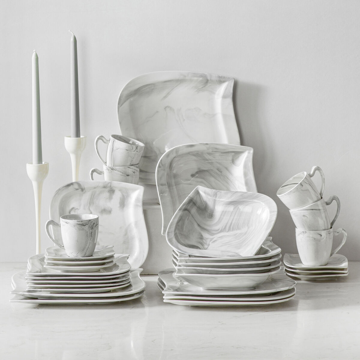 MALACASA, Series Flora, 30-Piece Porcelain Dinnerware Set, Marble Grey Dinner  Set, Service for 6 