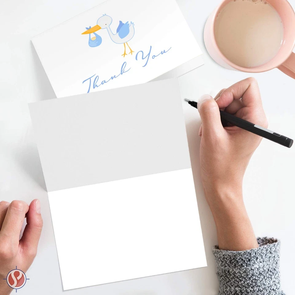 Голубые благодарственные открытки и конверты с аистом для мальчика - размер A2 - 25 в упаковке - Изображение 3 из 4