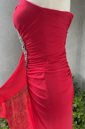 Evening Dress red Chiffon hot ruched silver beads sz 4 By Decode 18 - Picture 7 of 11