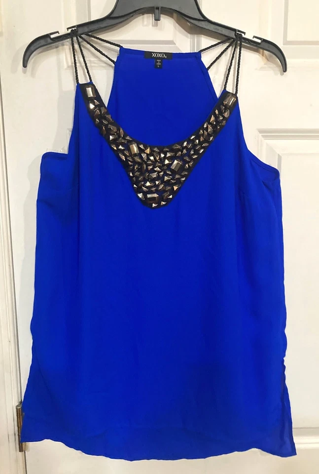 XOXO Women's Beaded V-Neck Top Deep Blue Strappy Retro GLam Blouse  Sz L - Image 3 of 4
