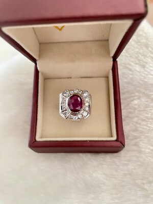 Ring silver925 studded with Ruby oval 3.97 ct n cubic zirconai 5A