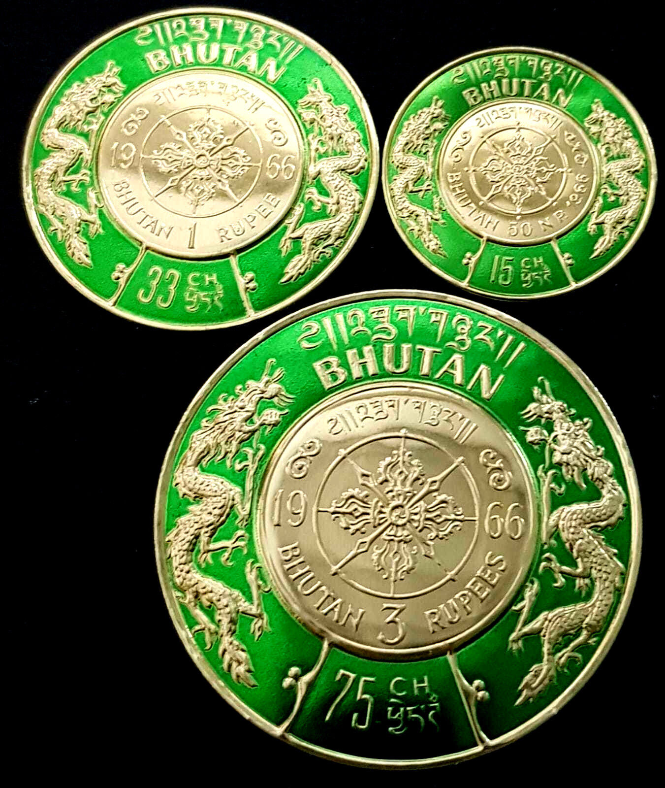 RARE BHUTAN 1976 Round postage stamp 3pcs UNC  Ø48-74mm #S1095