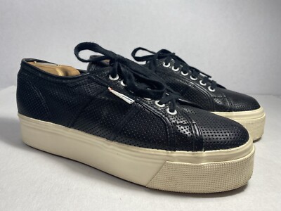 Superga Unisex Black Perforated Leather  Platform Lace up Sneaker  41.5/10