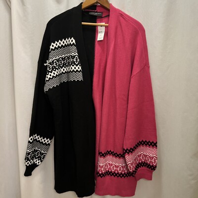 Lane Bryant Classic Open-Front Fair Isle Overpiece Cardigan Pink Black Sz  18/20