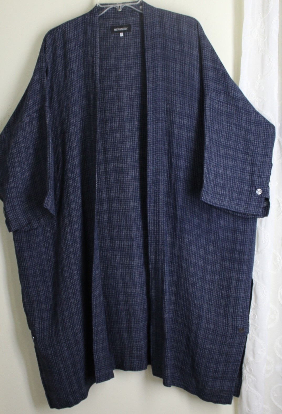 New Eskandar 0 OS Navy Check Crinkle Gauze Linen Lightweight 43"L Duster Jacket