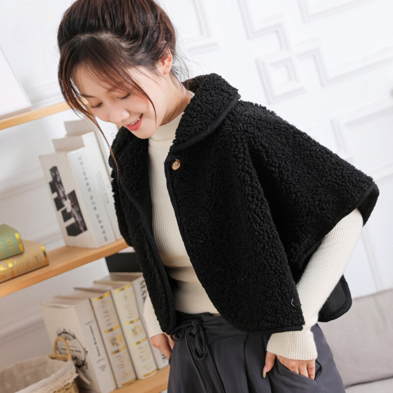 Lady Cropped Top Cloak Poncho Cape Faux Wool Fleece Shawl Jacket