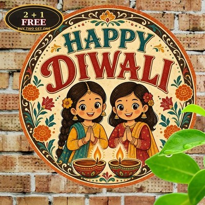 Happy Diwali Girls Diya Lamps Ornamental Floral Border Round Metal Sign 8x8