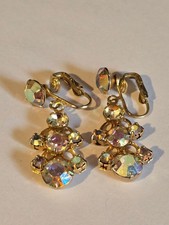 Vintage Gold Tone Rhinestone Dangle Clip-On Earrings Kids Girls Iridescent