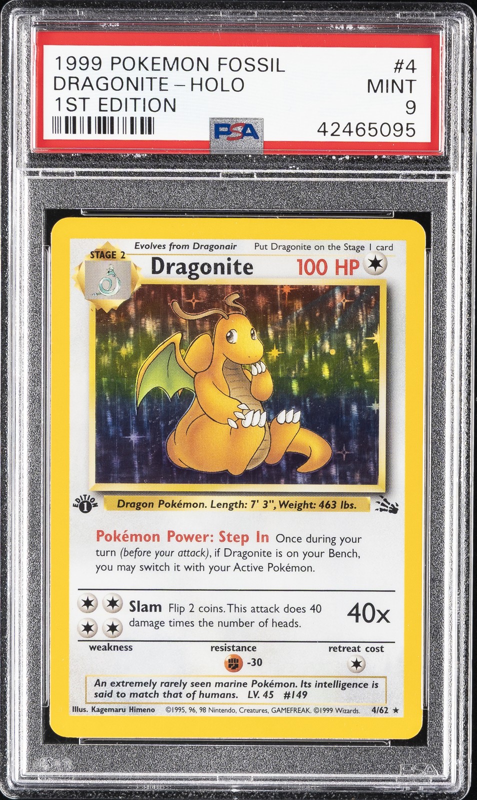 1999 POKEMON FOSSIL 1ST EDITION #4 DRAGONITE-HOLO PSA 9