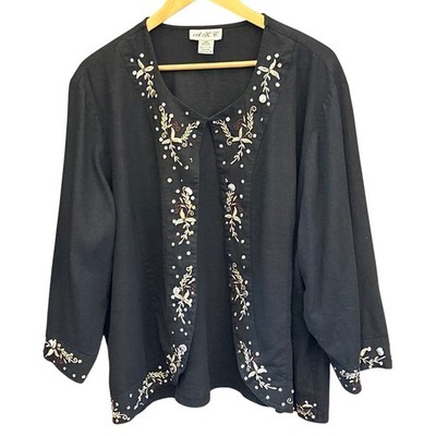 Vintage AKC Linen Blend Jacket Embroidered Sequin Boho Coastal Grandma 3X Dressy