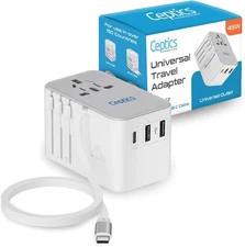 Ceptics 5-in-1 Int'l Adapter, 45W PD USB-C 65cm, 2USB-A 2.4A/USB-C 3A, US/EU/UK