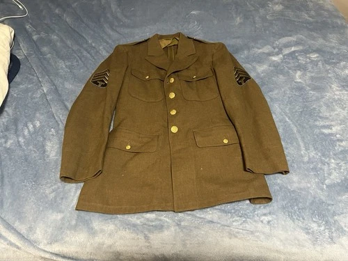 VTG US Military WW2 Dress Wool Jacket 38R Green 4 Pockets Moth Holes