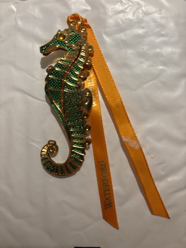 Waterford Brass Seahorse Ornament 3” Green Enamel Amber Crystals