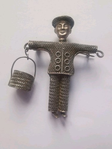 Vintage Chinese Man Carrying Water Buckets Brooch *Missing Bucket* R34L