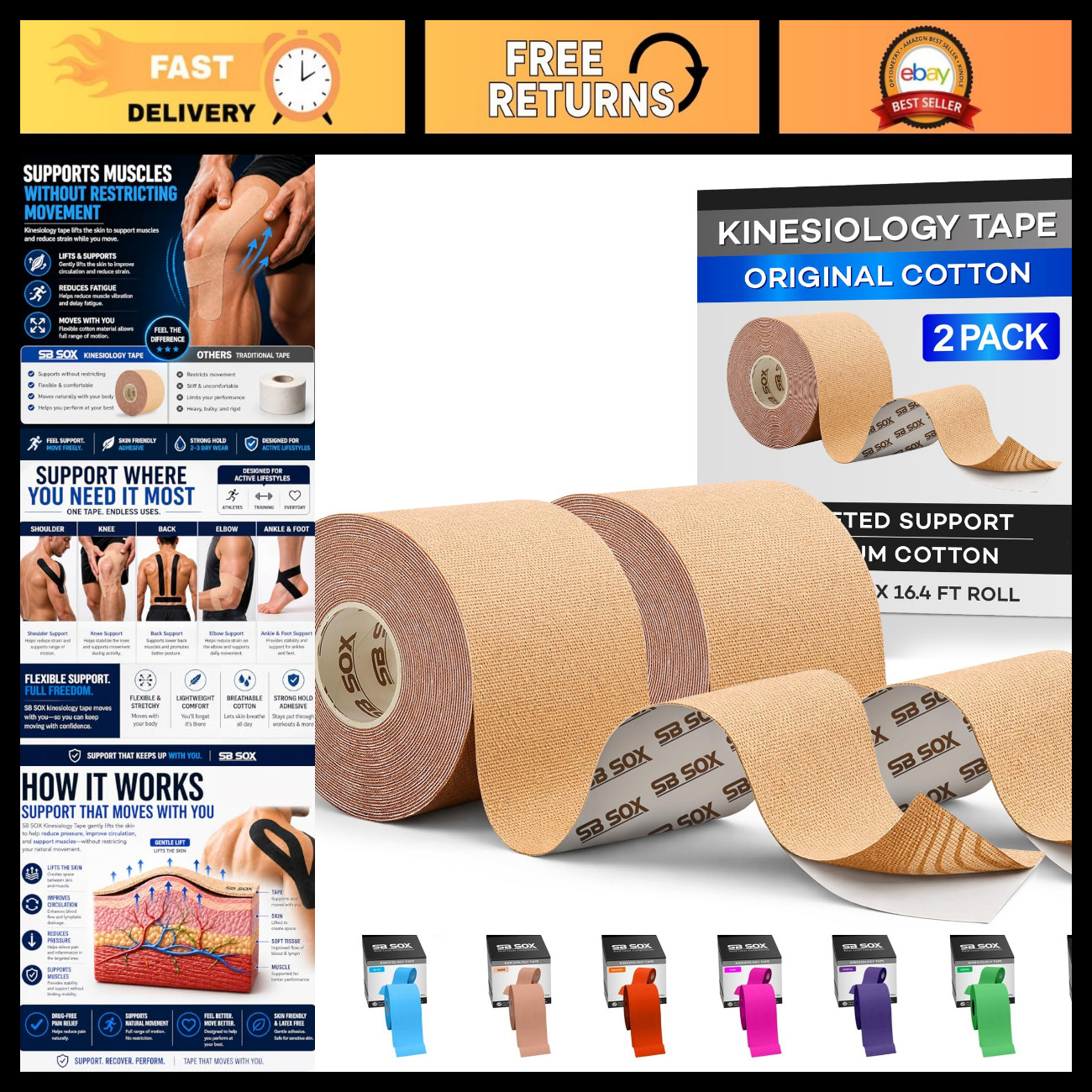 Kinesiology Tape Roll 16ft - Original Cotton Sports Tape for Pain Relief & Suppo