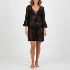 Blue Island Black Lace Bell Sleeve V Neck Cover Up Mini Dress Size S