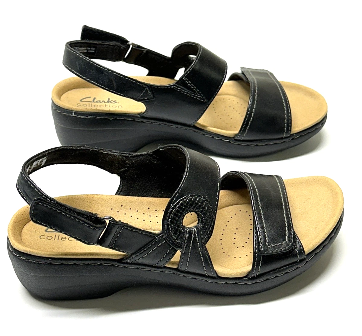 Clarks sandalo zeppa donna taglia 7 Merliah opale pelle nero con cinturino regolabile