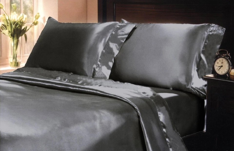 Juego de sábanas de bolsillo profundo color liso satinado sedoso suave Mk Collection 4 piezas (gr... Foto 2 de 2