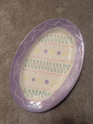 Vintage Cheryl & Co 2001 Purple Oval Egg Shaped Easter Plate Hand Painted 