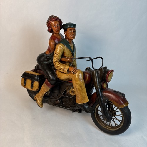 Vintage Large Resin Navy Sailor Couple Harley Davidson Motorcycle Art Sculpture