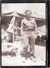 WW2 Photo of Soldier Full Length Standing Beside Wall Tent Field Camp