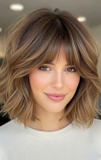 Ombre Ash Brown Wig Wave Hair with Bangs 100% Human Hair Lace Front Wigs 10inch