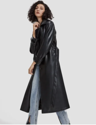 Lattelier Women's Faux PU Leather Belted Trench Coat in Black Size