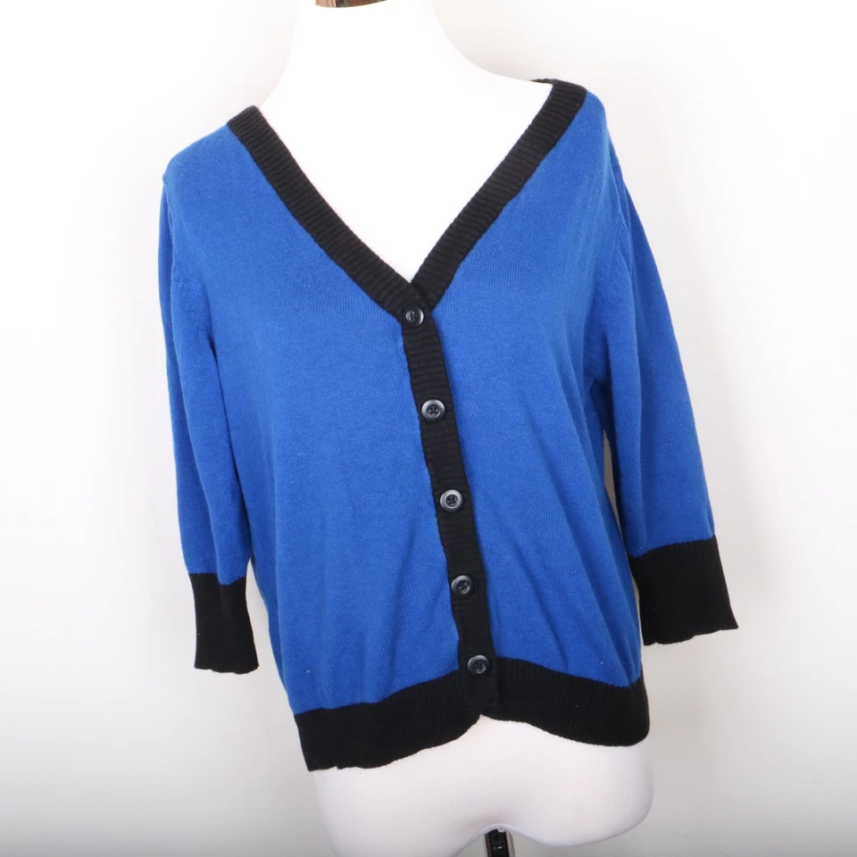 Dots Cardigan Button Sweater Women's 1X Blue Black Edging - Image 3 of 4