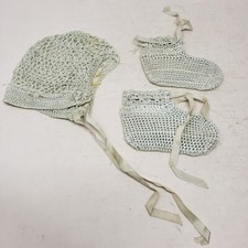 Vintage Antique Handmade Crochet Baby Bonnet and Booties Set Reborn Doll Clothes