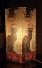 Frosted Glass Chat Noir Black Cat Table Lamp Decoupage  Handmade Gift Home Decor