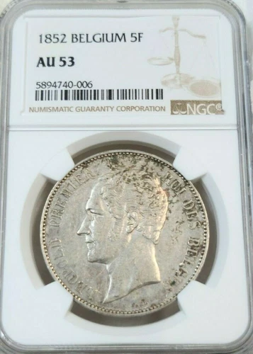 1852 BELGIUM SILVER 5 FRANCS 5F LEOPOLD I NGC AU 53 VERY SCARCE HIGH GRADE