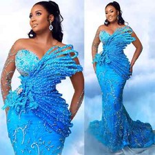 Luxury Blue Mermaid Prom Dresses Long Sleeves Lace Sequins Beaded Evening Gowns
