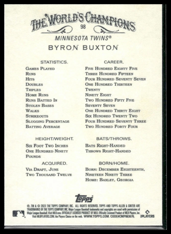 2023 Topps Allen & Ginter Foil Filigree Byron Buxton #98 Minnesota Twins - Image 2 of 2