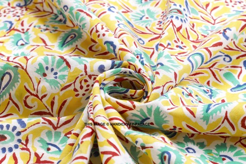 Yellow Fabrics By Yard Indian Hand block Print Running Loose Cotton Decor Throw - Picture 2 of 3