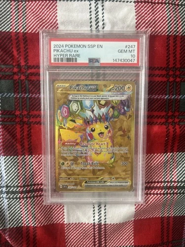 Pokemon 2024 SSP En-Surging Sparks Pikachu EX Hyper Rare Card #247 PSA 10