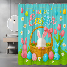 Adorable Easter Shower Curtain with Bunny, Eggs and Flowers