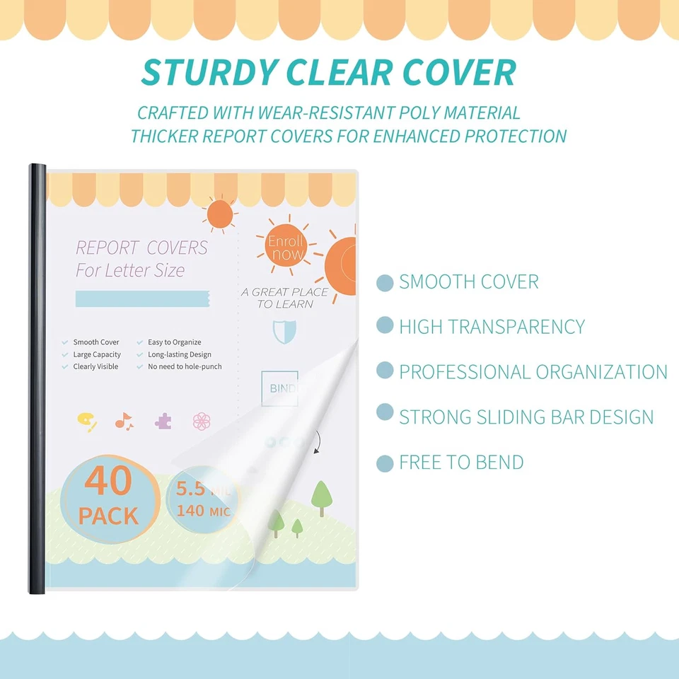 40件装透明报告盖带黑色滑动条,70张容量,9米绑定 — 第 3/4 张图片